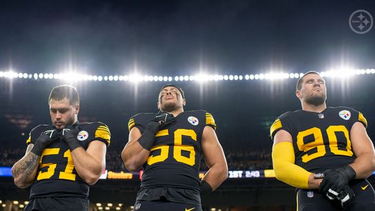 Steelers' Nick Herbig (51), Alex Highsmith (56), and TJ Watt (90) before a game against the Patriots Steelers' Nick Herbig (51), Alex Highsmith (56), and TJ Watt (90) before a game against the Patriots