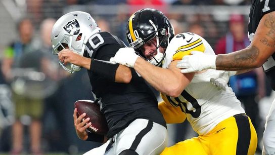 Steelers Linebacker TJ Watt sacks Las Vegas Raiders Jimmy Garoppolo during Pittsburgh's 2023 Week 3 victory