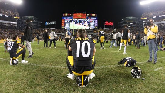 Ryan Switzer and his Steelers teammates watch the final moments of Ravens-Browns after their 2018 season finale. Ryan Switzer and his Steelers teammates watch the final moments of Ravens-Browns after their 2018 season finale.