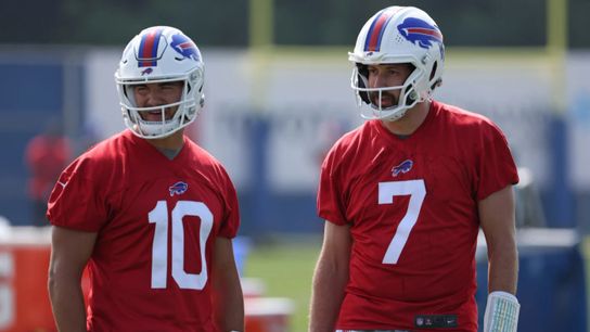 ORCHARD PARK, NY - JULY 28: Mitchell Trubisky #10 of the Buffalo Bills and Davis Webb #7 of the Buffalo Bills talk during training camp at the Adpro Sports Training Center on July 28, 2021 in Orchard Park, New York. (Photo by Timothy T Ludwig/Getty Images)