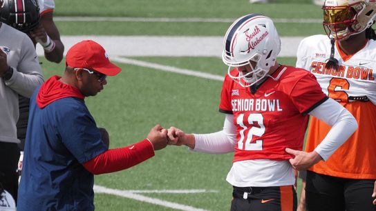 South Alabama QB Carter Bradley fist bumps his coach during the 2024 Senior Bowl. Steelers' Carter Bradley