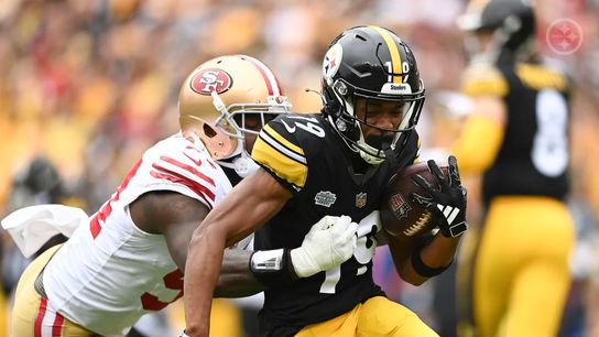 Steelers' Calvin Austin III making a catch during his NFL debut against the San Francisco 49ers.