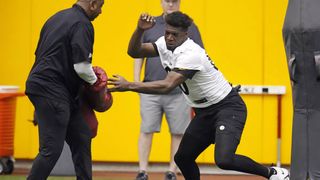 Steelers' Rookie Darnell Washington Surprised With A Few Dumb Mistakes Over The Weekend; Draws Plaxico Burress Comparison (Steelers Rookie Minicamp 2023). Photo by Gene J. Puskar / Associated Press