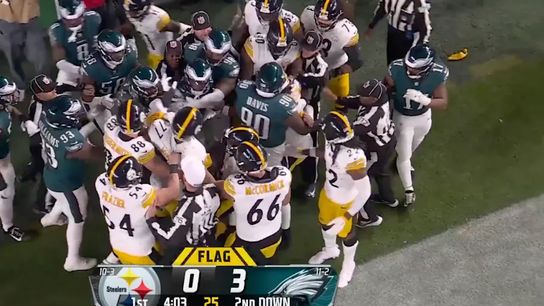 Philadelphia Eagles and the Pittsburgh Steelers get into a scrum after Darnell Washington blocked Darius Slay into the back of the end zone.