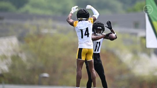 Steelers' wideouts George Pickens and Van Jefferson celebrating a nice play at training camp.