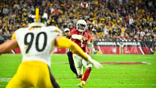 Quarterback Kyler Murray tries to throw into the end zone on a fourth-down pass Sunday on a ball eventually intercepted by Steelers linebacker T.J. Watt during the Cardinals' 23-17 loss. Steelers Cardinals Kyler Murray