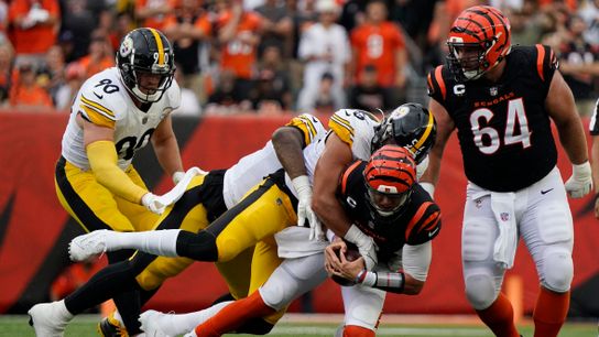 Steelers Alex Highsmith sacks Bengals quarterback Joe Burrow during the 2022 season opener.