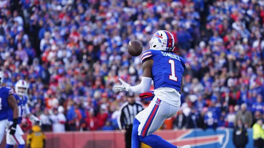 Buffalo Bills wide receiver Curtis Samuel (1) catches a pass during the fourth quarter against the Denver Broncos in the 2025 AFC Wild Card game at Highmark Stadium.