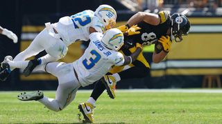 Chargers' Jim Harbaugh Frustrated With Steelers' Pat Freiermuth For Baiting Derwin James  (Steelers News). Photo by NFL.com