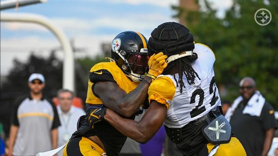 Steelers' Patrick Queen and Najee Harris going at it during a backs on backers drill in Latrobe.