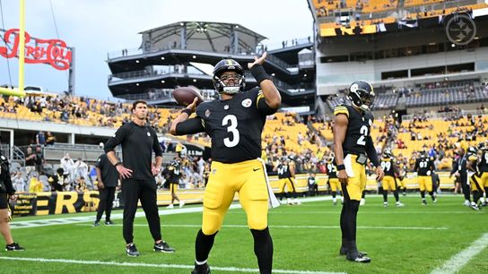 Steelers' QBs Russell Wilson and Justin Fields before their preseason game versus the Bills.