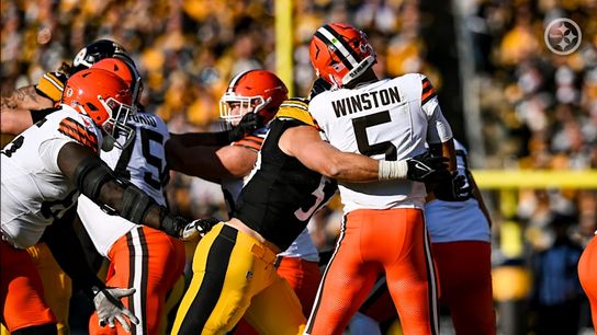 Pittsburgh Steelers' OLB Alex Highsmith making a hit on Cleveland Browns' QB Jameis Winston in 2024.