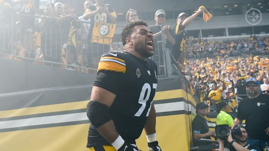 Steelers' DT Cam Heyward running out before the 2024 home opener against the Chargers.