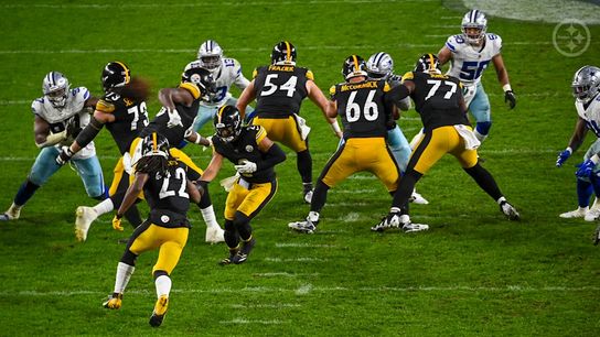 Pittsburgh Steelers' Justin Fields handing it off to Najee Harris during Week 5 loss against the Dallas Cowboys in 2024.