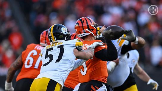 Pittsburgh Steelers' OLB Nick Herbig gets a strip-sack on Joe Burrow as the defense gets a scoop and score against the Cincinnati Bengals in 2024.