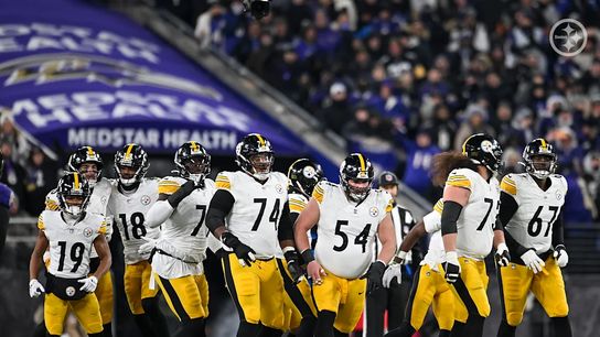 The Pittsburgh Steelers' offense getting ready for a play against the Baltimore Ravens in the 2024 Wild Card round. 