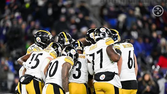 Pittsburgh Steelers' Russell Wilson and the offense in a huddle during a game against the Baltimore Ravens in 2024.