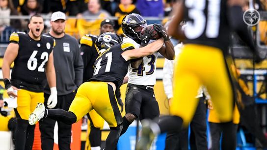 Pittsburgh Steelers' rookie linebacker Payton Wilson coming up with a huge interception against the Baltimore Ravens in Week 11 of 2024.