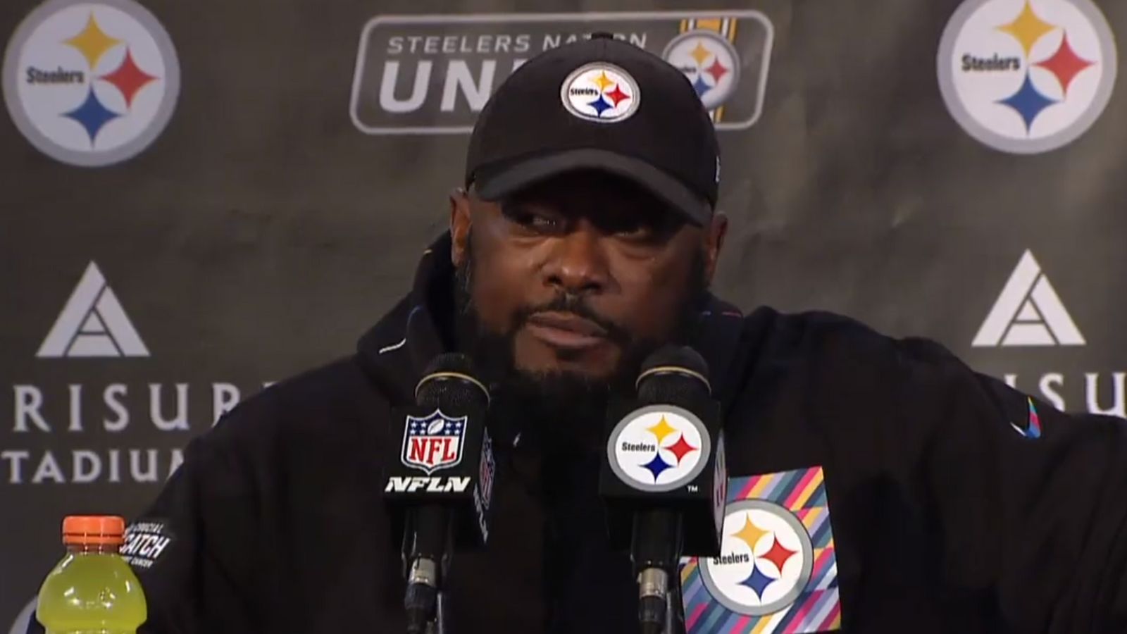 Pittsburgh Steelers head coach Mike Tomlin addresses a news conference  after an NFL football game against