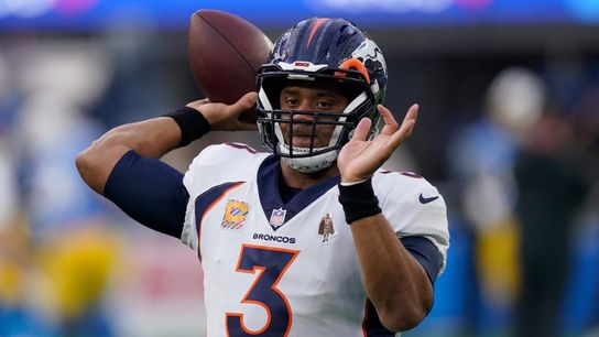 Former Denver Broncos quarterback Russell Wilson (3) warms up prior to an NFL football game against the Los Angeles Chargers, Monday, Oct. 17, 2022, in Inglewood, Calif.