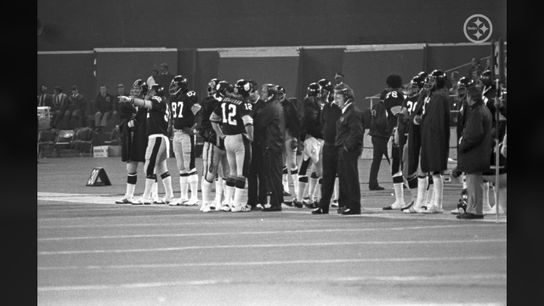 Steelers Terry Bradshaw During Timeout With Chuck Noll Week 7, 1974 Against the Atlanta Falcons