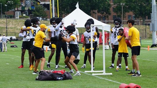 Steelers' Zach Azzanni Trying to Knock Ball Out of Receivers Hands During Steelers Training Camp Steelers' Zach Azzanni Trying to Knock Ball Out of Receivers Hands During Steelers Training Camp